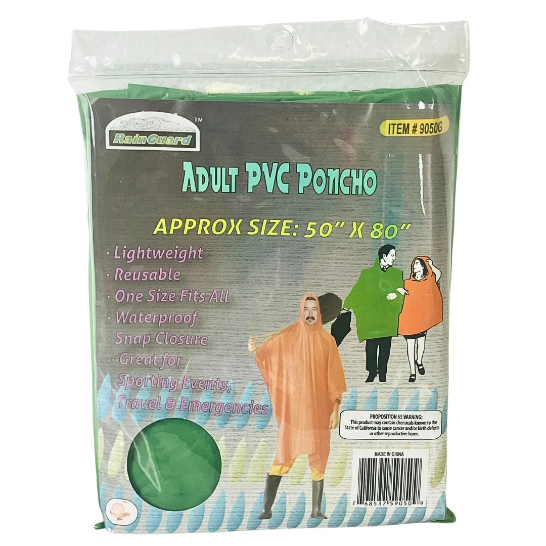 10 Mil Green Vinyl Rain Poncho with Hood - Adult Size  - RAIN-59050