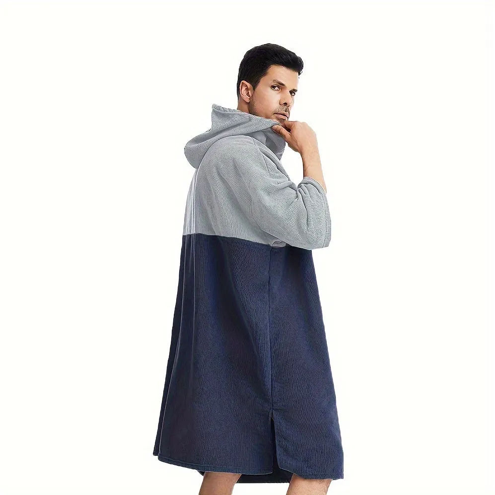 1pc Color Blocking Surf Poncho Changing Towel, Changing Robe With Hood, Hooded Design Bathrobe With Large Pocket, Bathroom Supplies
