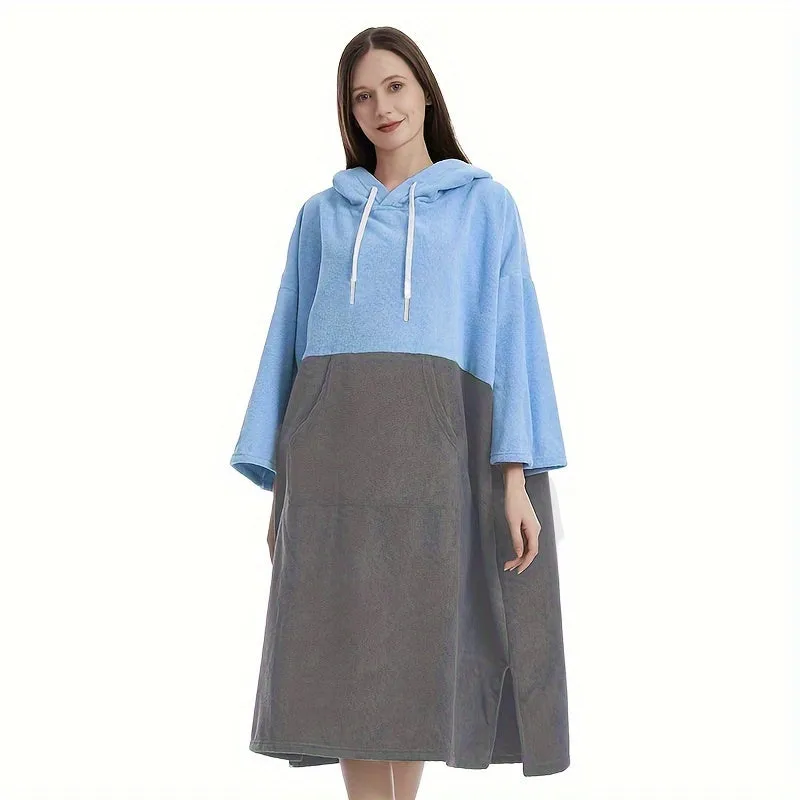 1pc Color Blocking Surf Poncho Changing Towel, Changing Robe With Hood, Hooded Design Bathrobe With Large Pocket, Bathroom Supplies