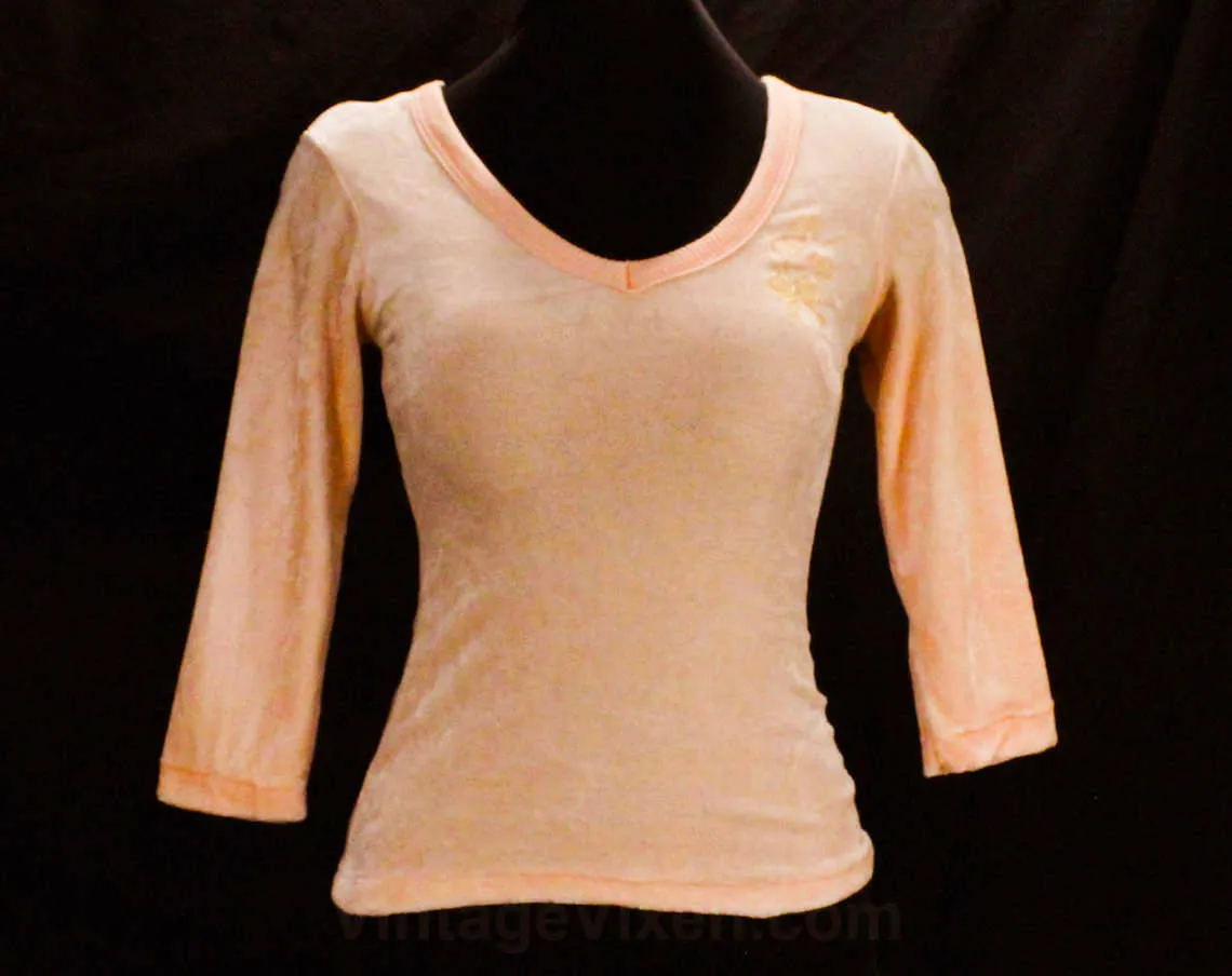 Girl's Size 12 Shirt - 1970s Plush Peach Velour Top - Roller Derby Style 70s 80s Retro Spring 3/4 Sleeve - Ladies XXS - Bust 28 to 29