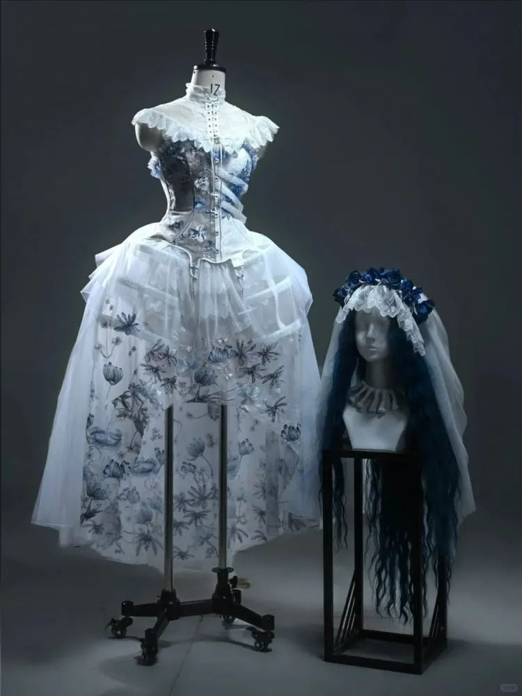 Half White Half Dusty Blue Corpse Bride Floral Corset Top