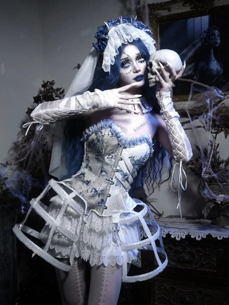 Half White Half Dusty Blue Corpse Bride Floral Corset Top