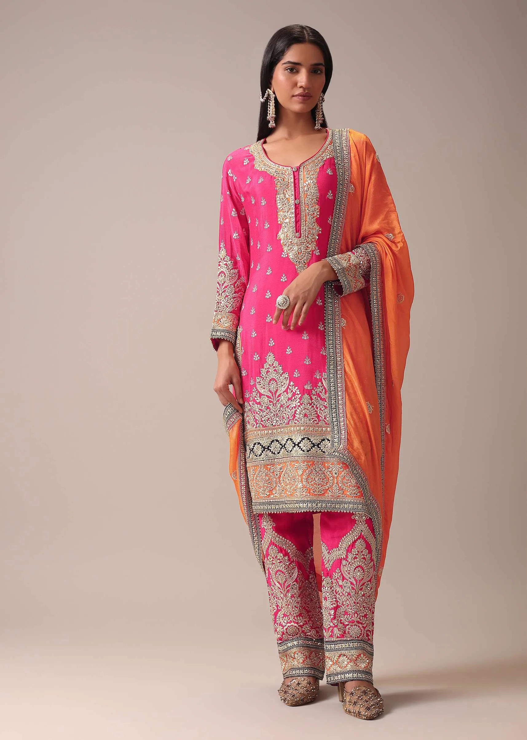 Hot Pink Color Block Pallazo Set In Chinon