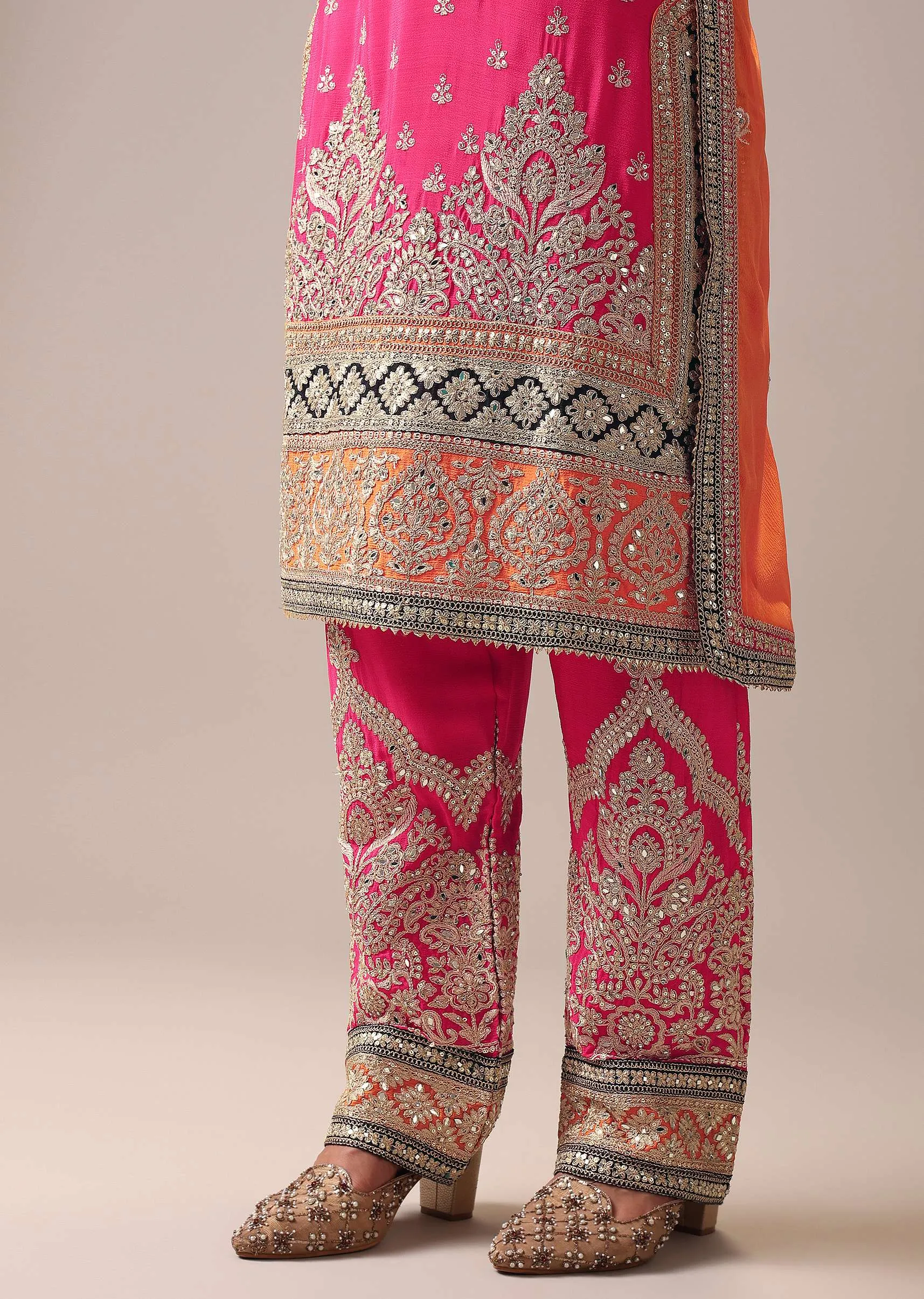 Hot Pink Color Block Pallazo Set In Chinon