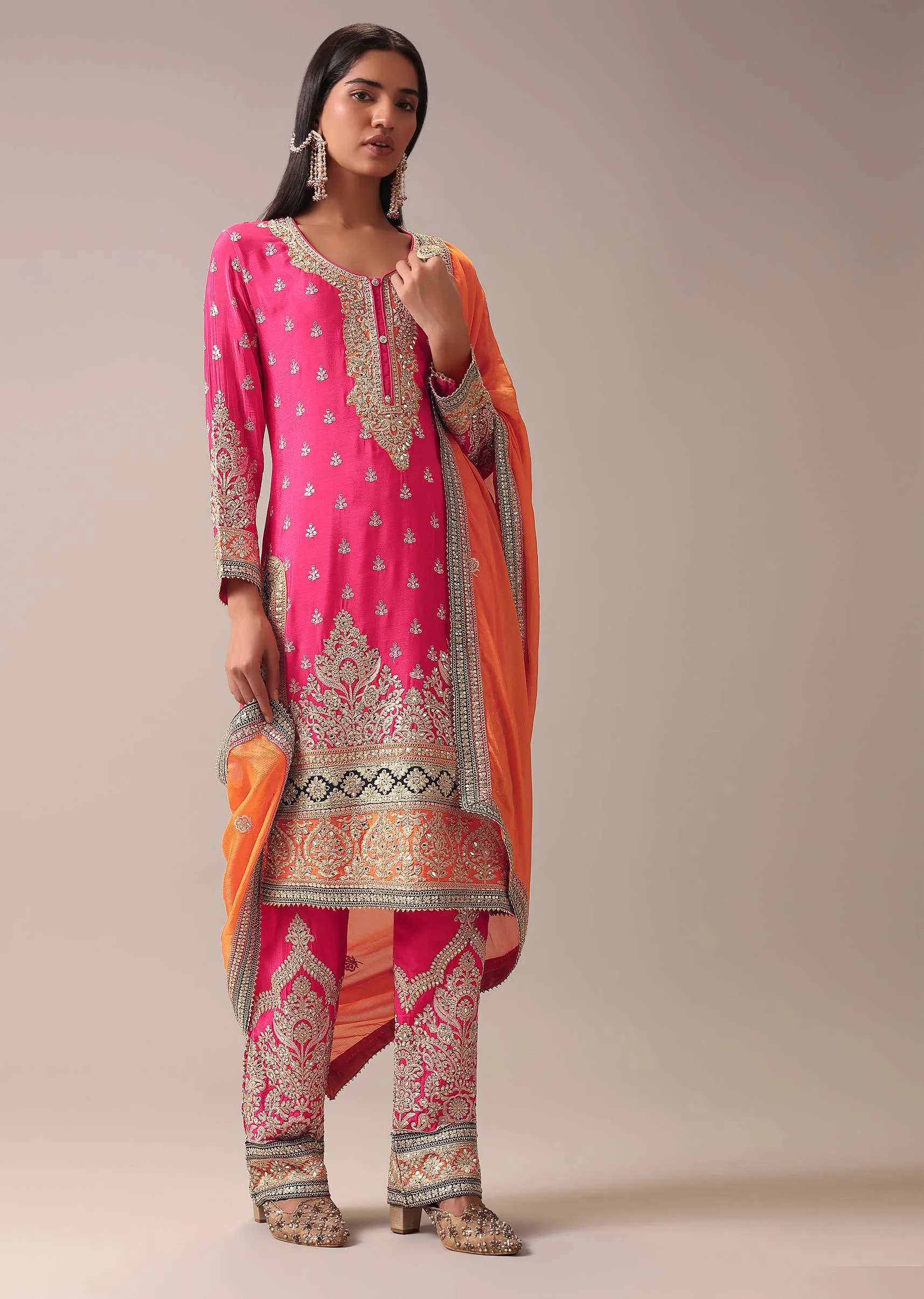 Hot Pink Color Block Pallazo Set In Chinon