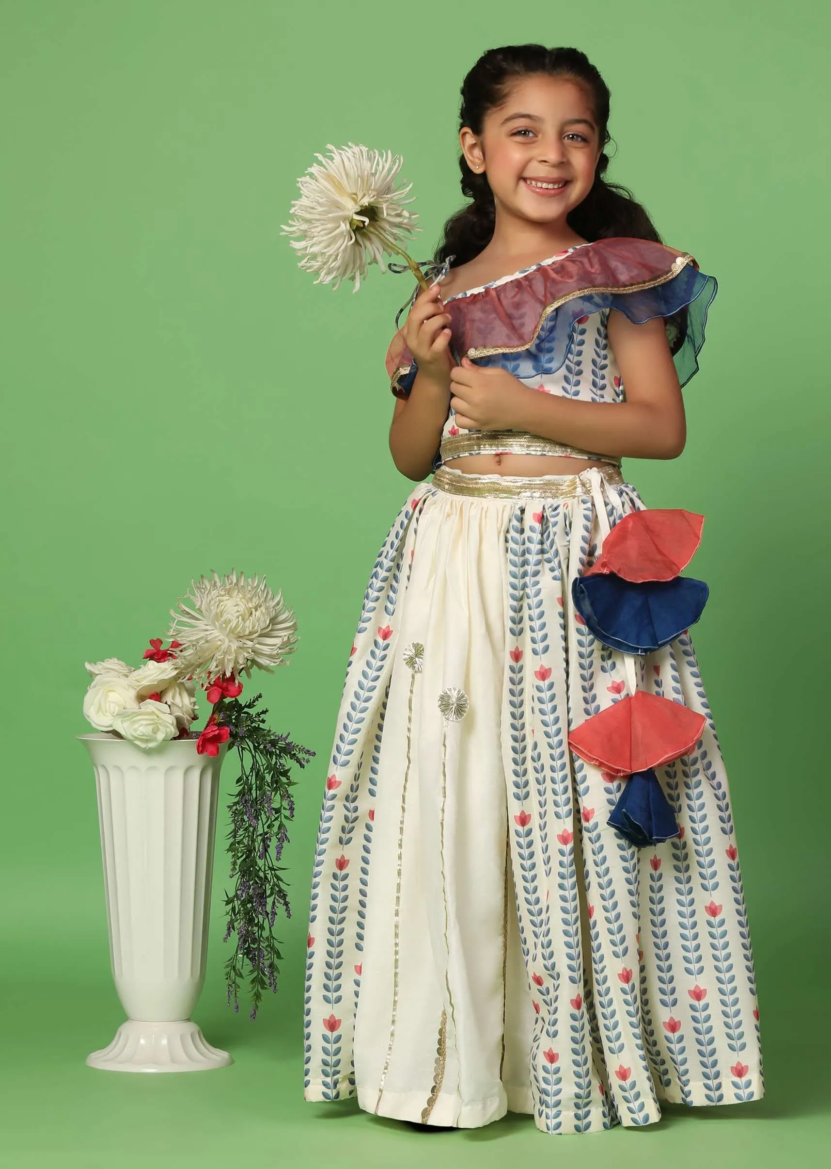 Kalki White Printed Top And Lehenga Set In Cotton Silk For Girls