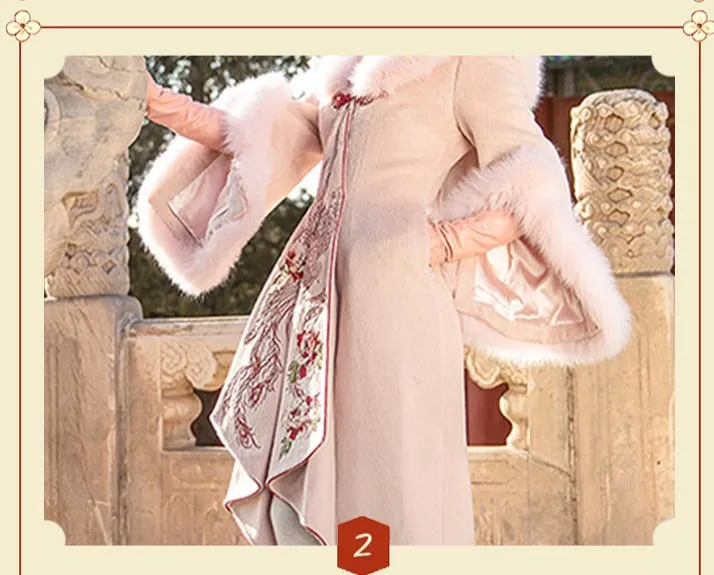 Magic Q retro irregular heavy industry peony embroidered fox fur wool coat- Vi