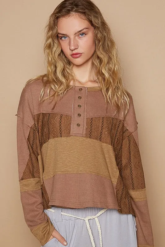 ONLINE EXCLUSIVE POL Half Button Color Block Drop Shoulder Knit Top