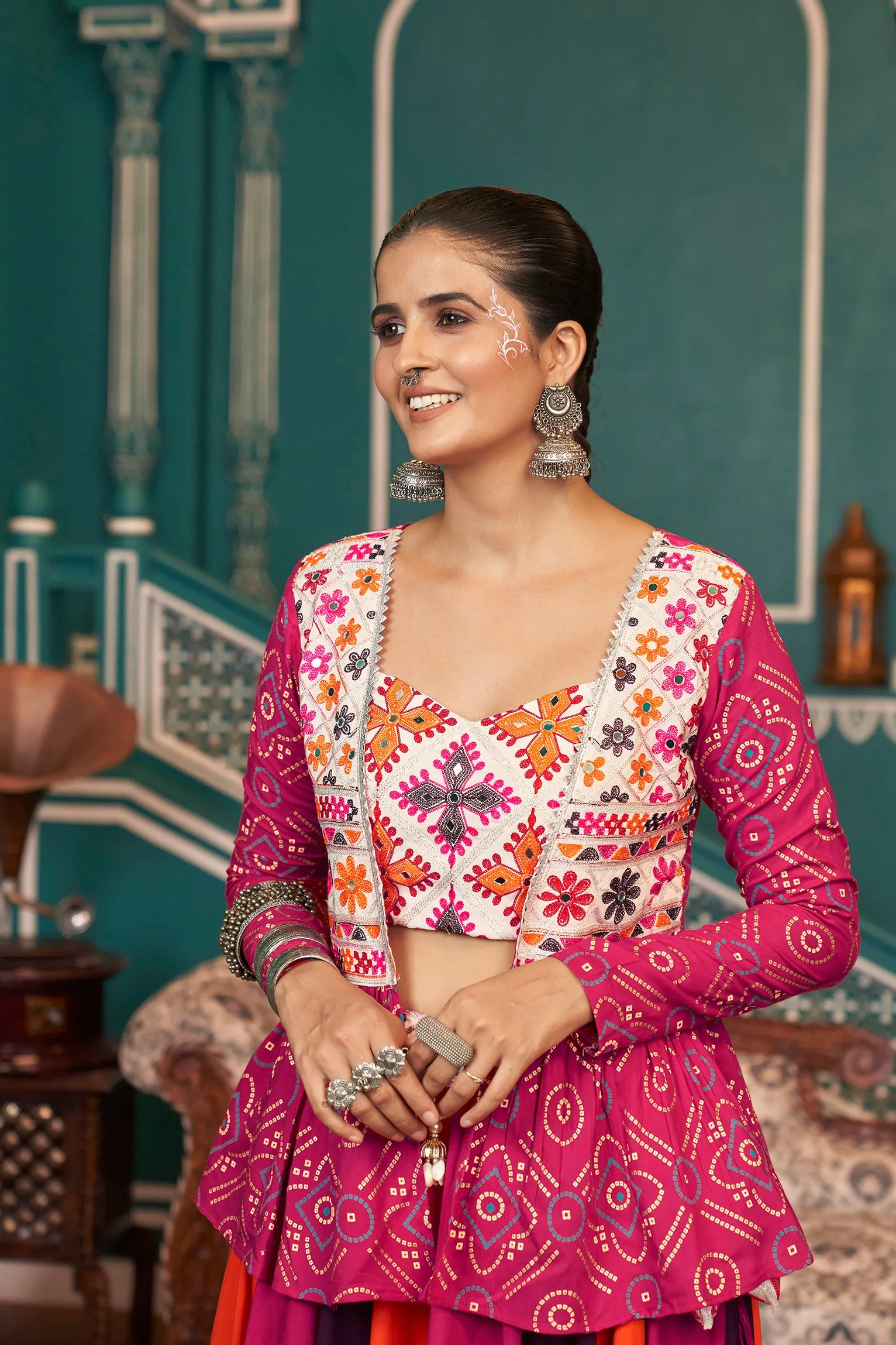 Orange, Pink & Wine Chaniya Choli for Navratri with Mirror Work