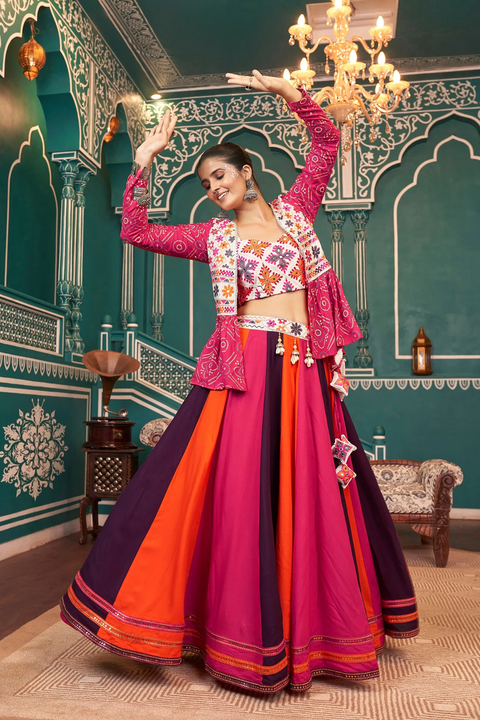 Orange, Pink & Wine Chaniya Choli for Navratri with Mirror Work