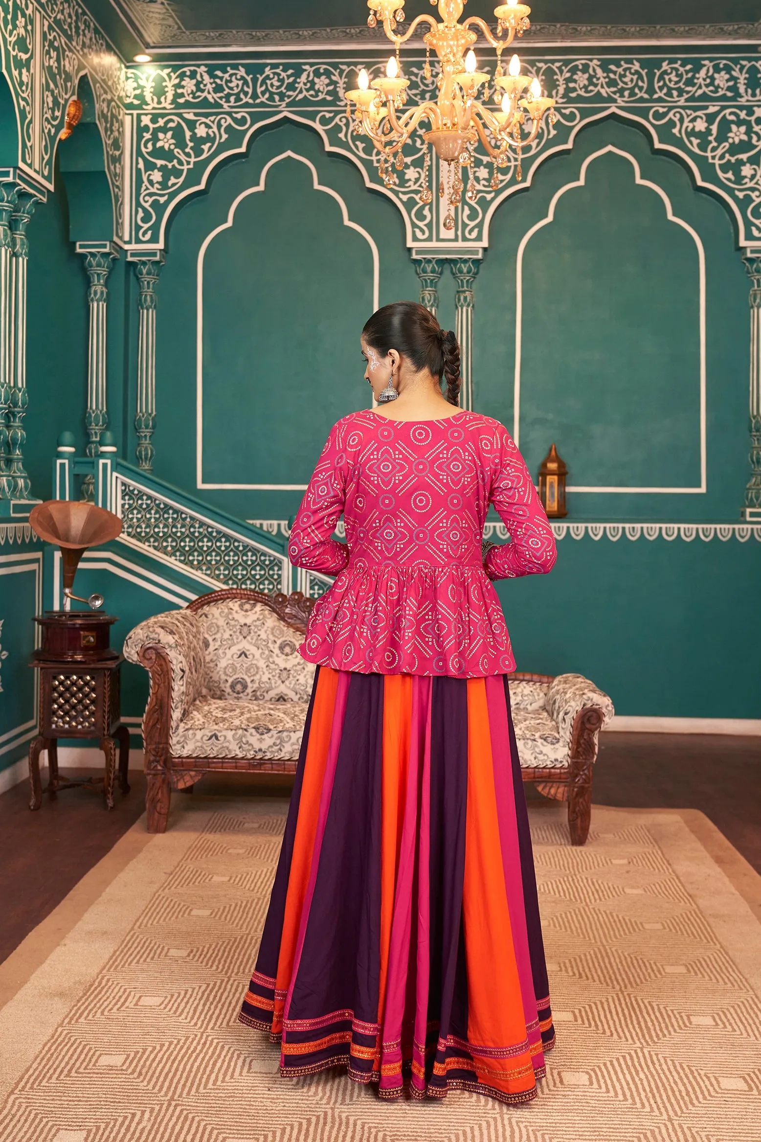 Orange, Pink & Wine Chaniya Choli for Navratri with Mirror Work