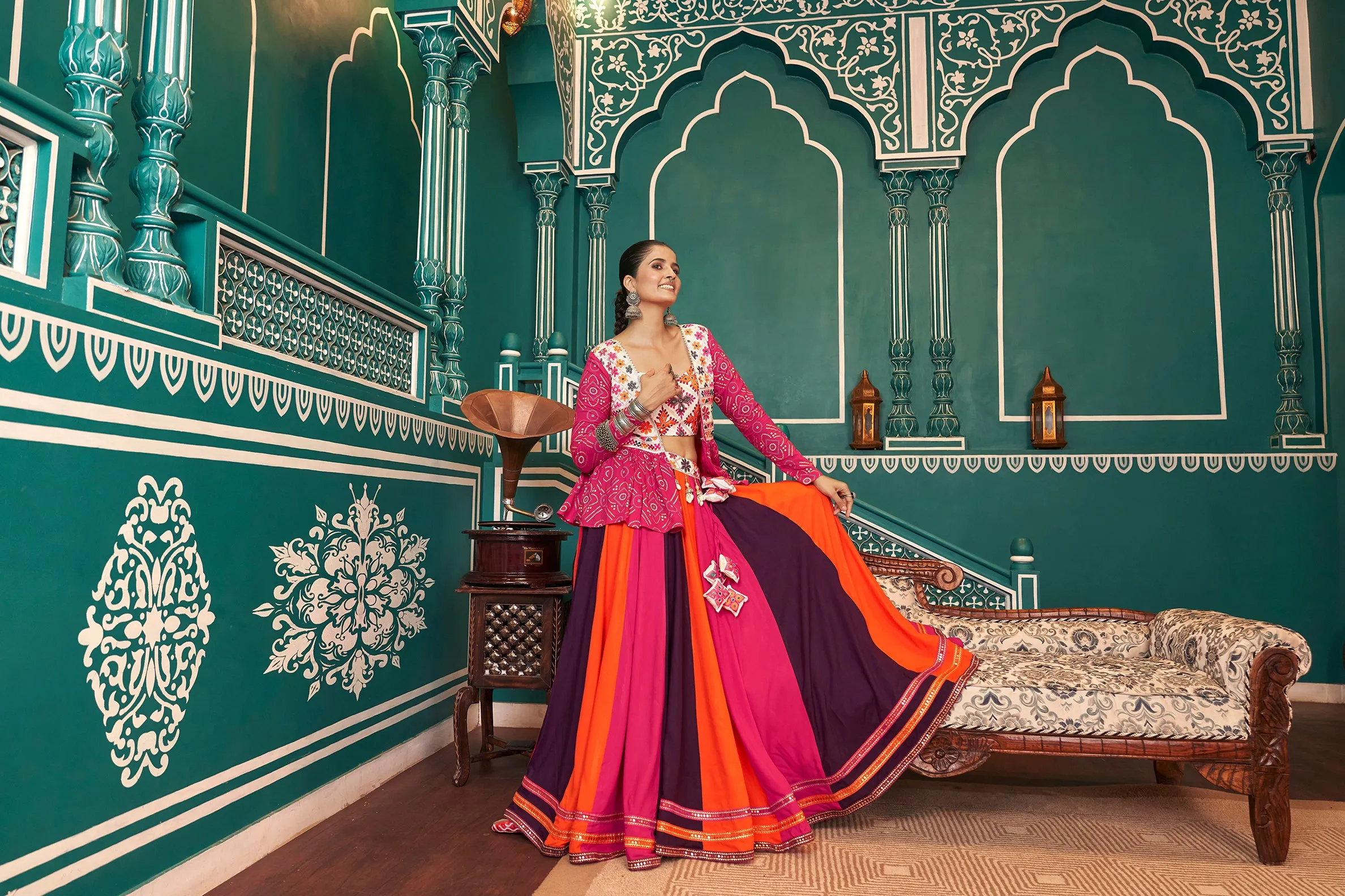 Orange, Pink & Wine Chaniya Choli for Navratri with Mirror Work