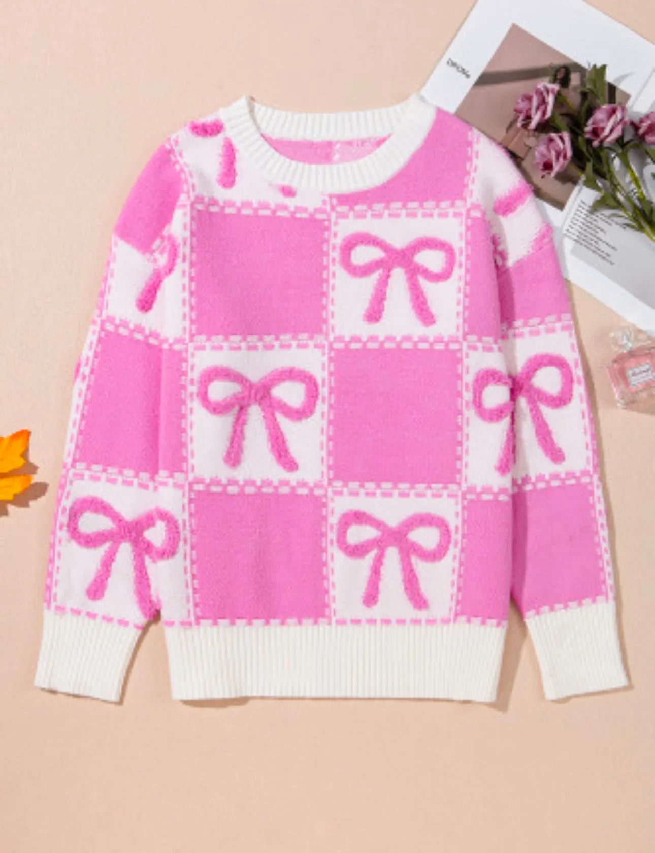 Pink Bow Checkered Crew Neck Sweater
