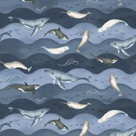 Polar Plungers Whales and Waves Navy Fabric
