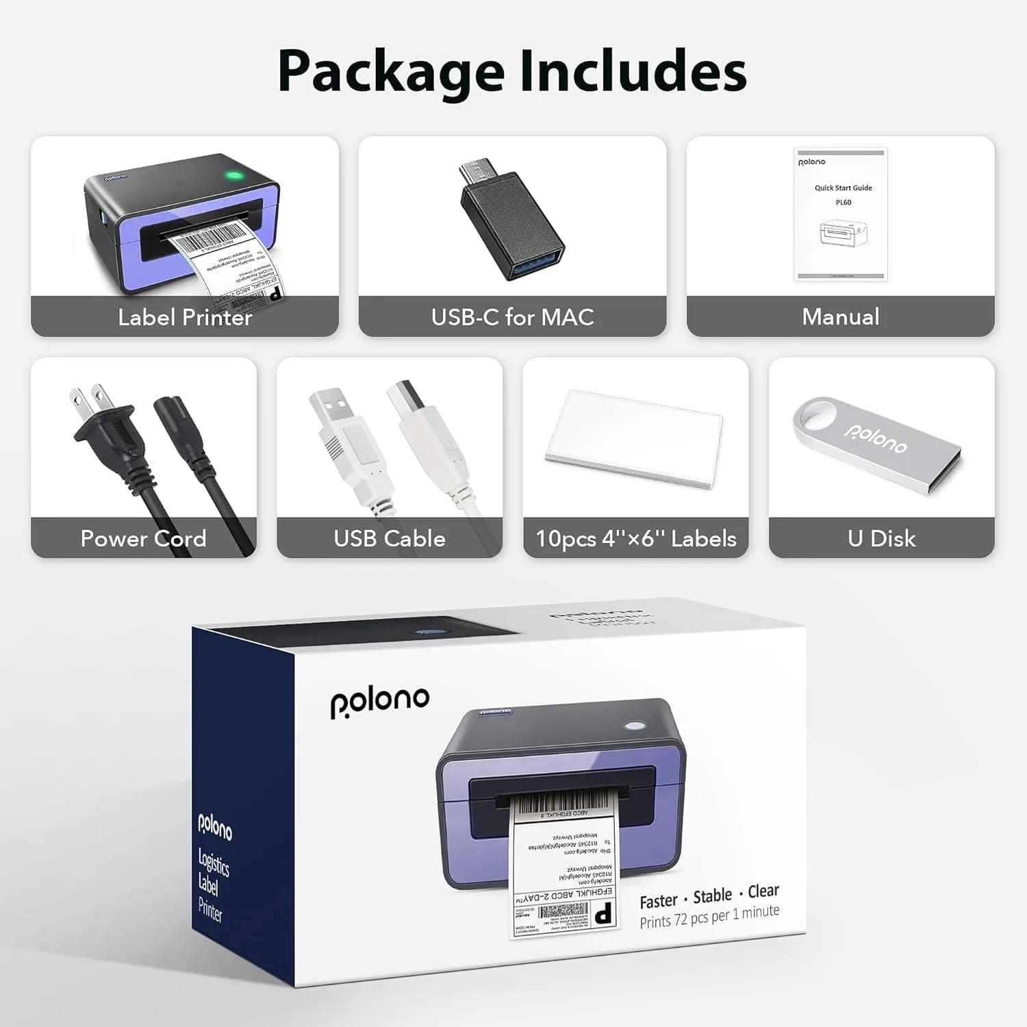 POLONO PL60 Thermal Label Printer - 4x6 Shipping Label Printer, Compatible with Amazon, Shopify, eBay, Etsy, Royal Mail, FedEx, UPS