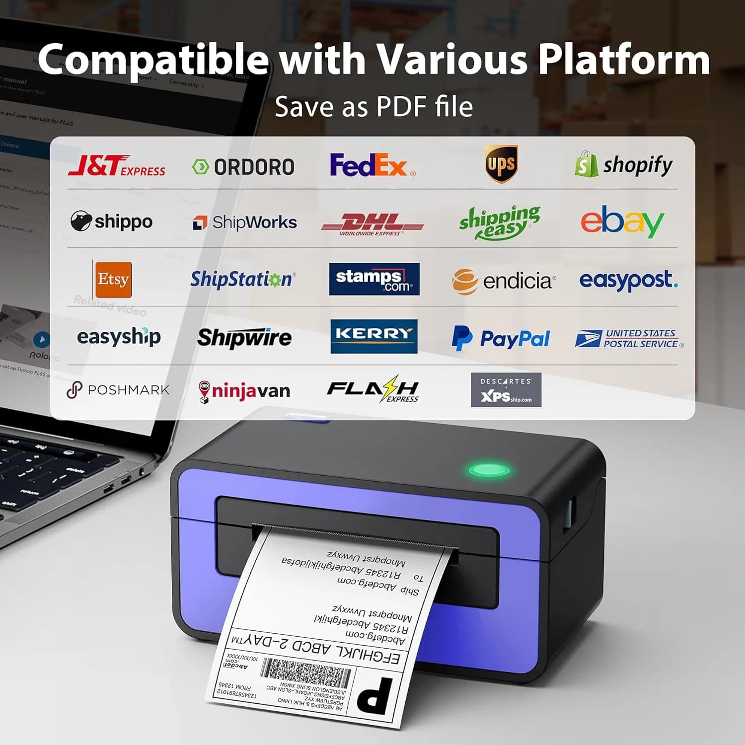 POLONO PL60 Thermal Label Printer - 4x6 Shipping Label Printer, Compatible with Amazon, Shopify, eBay, Etsy, Royal Mail, FedEx, UPS