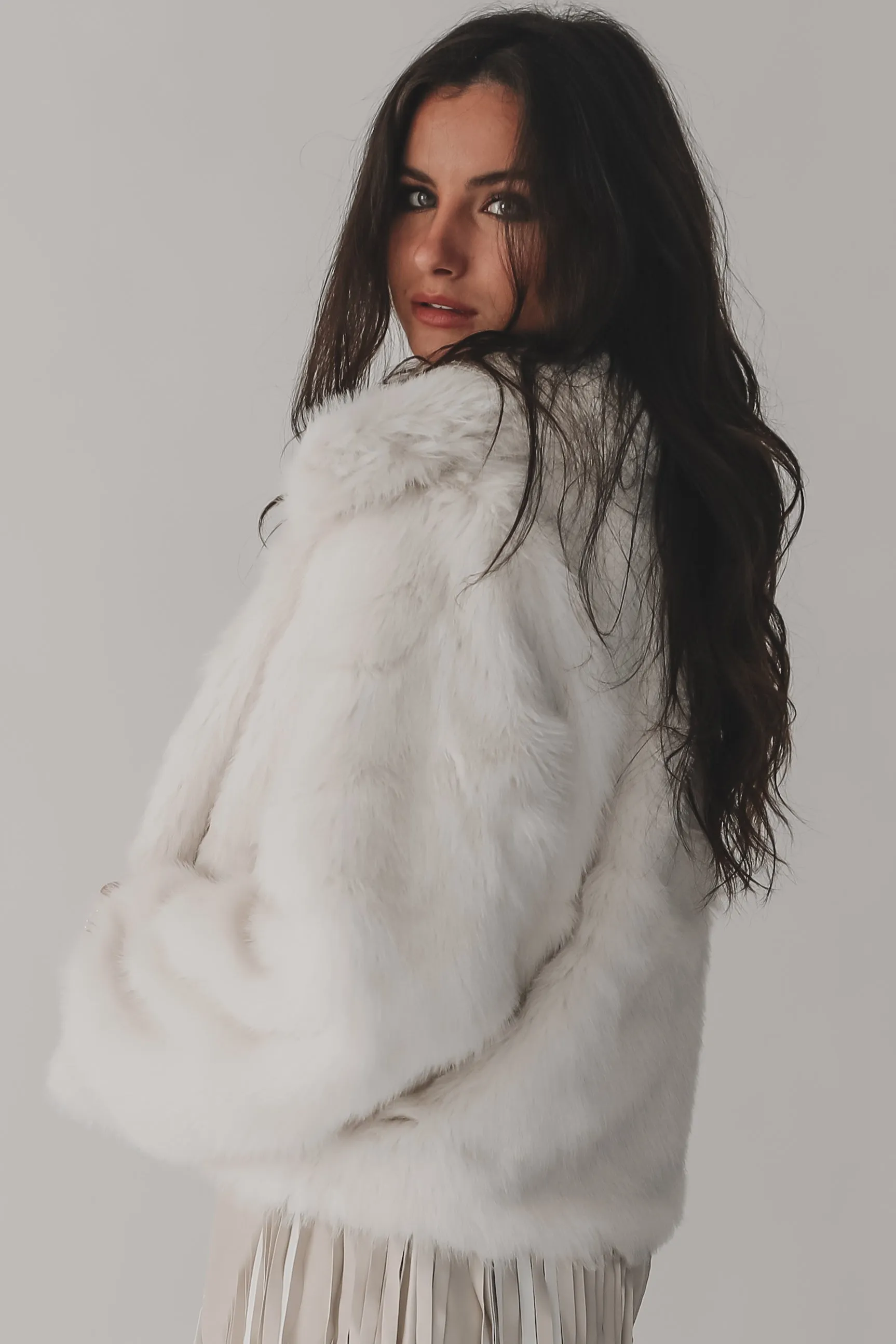 Running Late Cropped White Faux Fur Coat