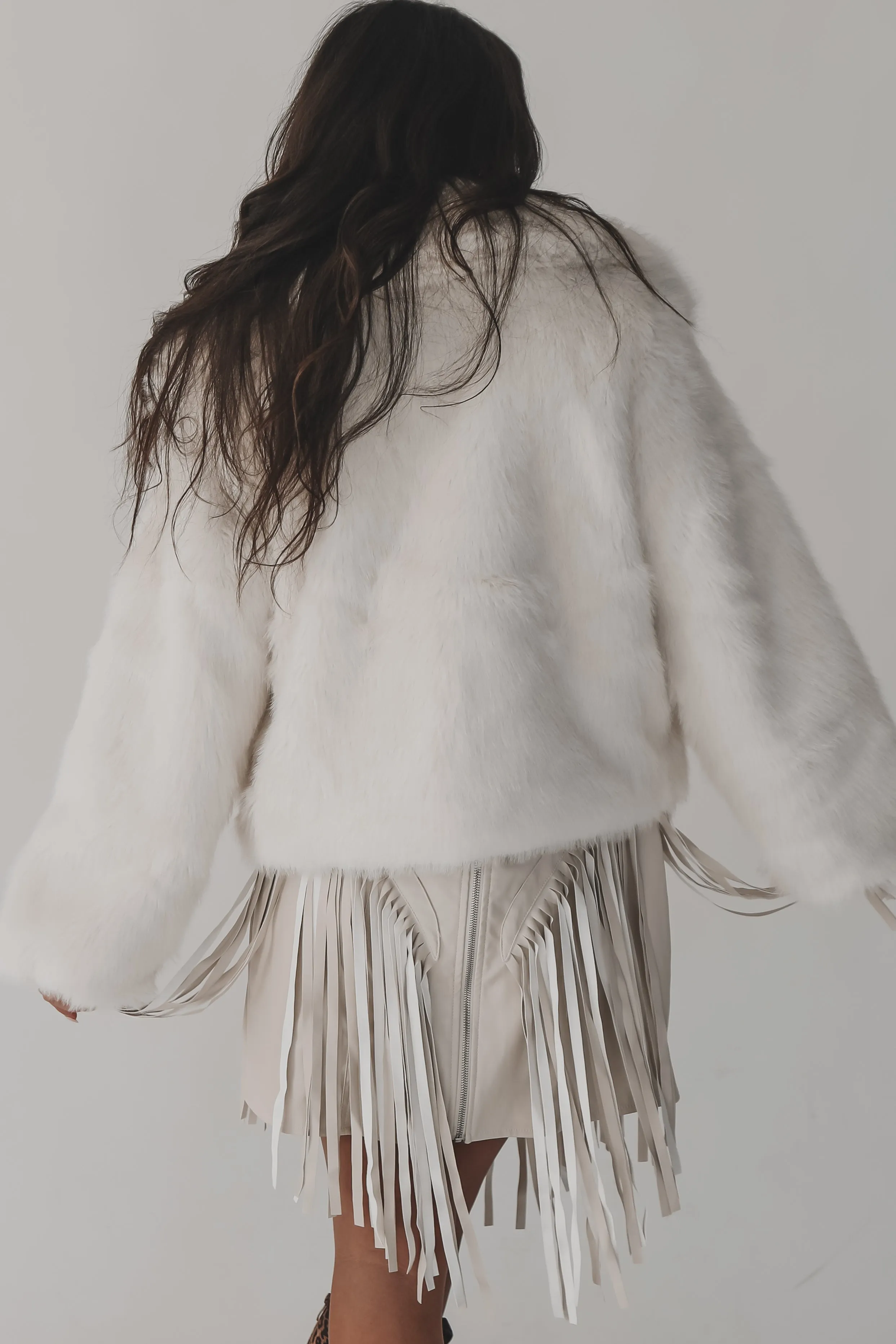 Running Late Cropped White Faux Fur Coat