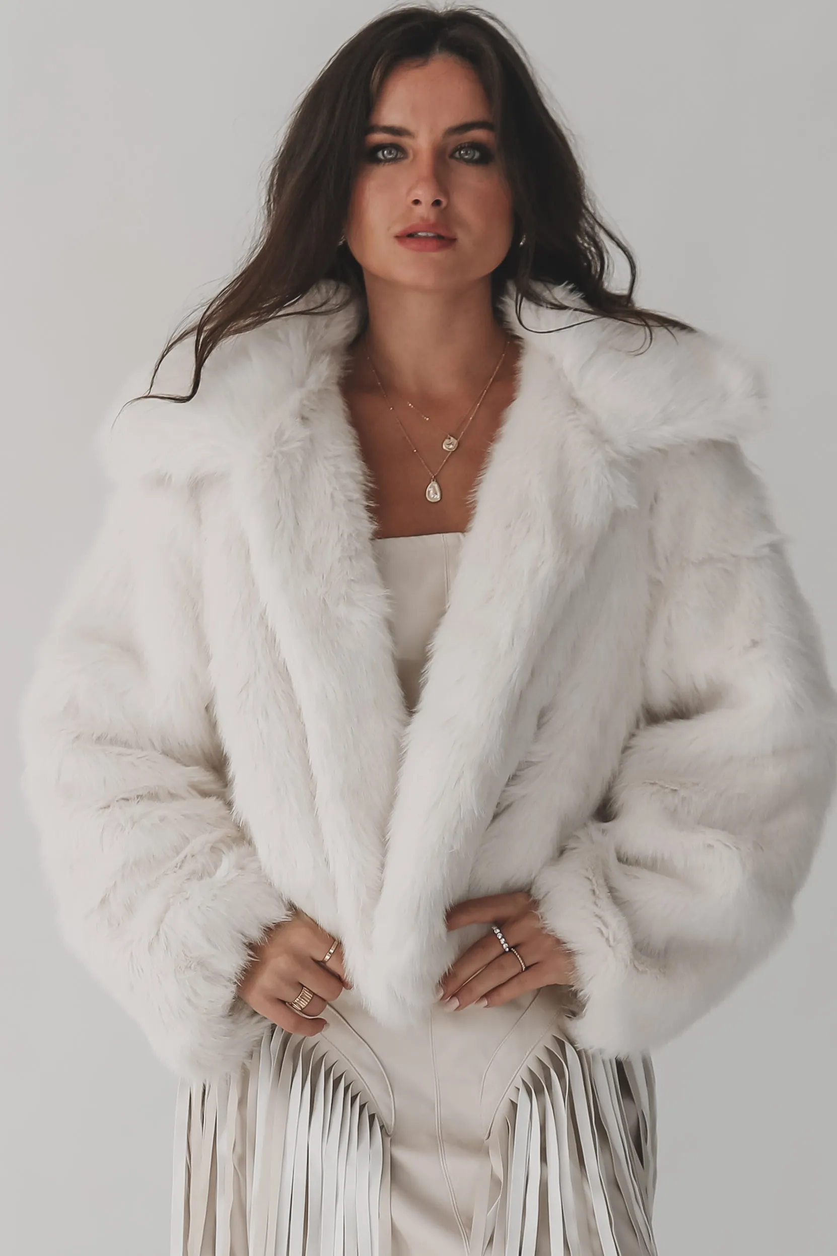 Running Late Cropped White Faux Fur Coat