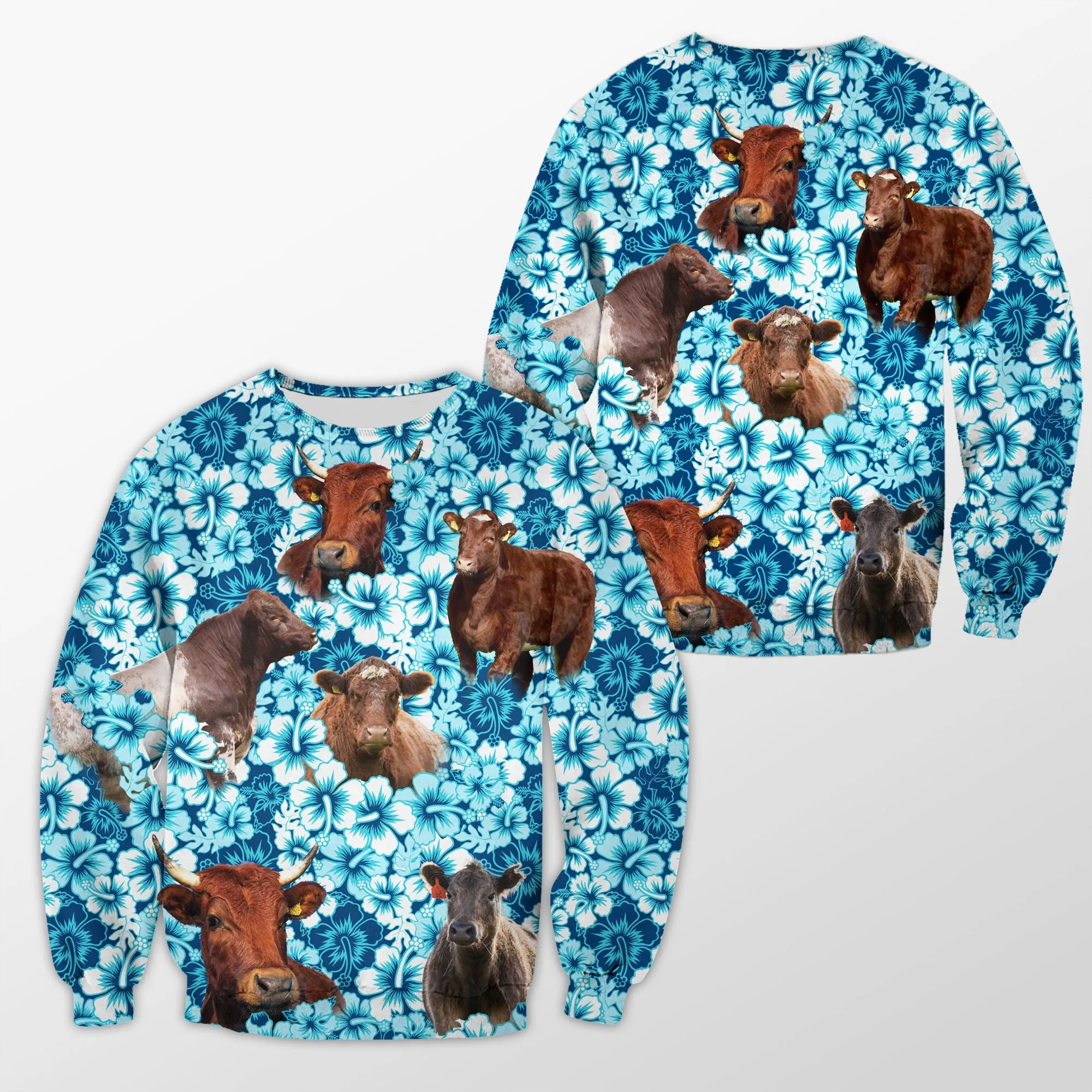 Shorthorn Blue Floral 3D Christmas Sweatshirt, Gift for Cow Lovers