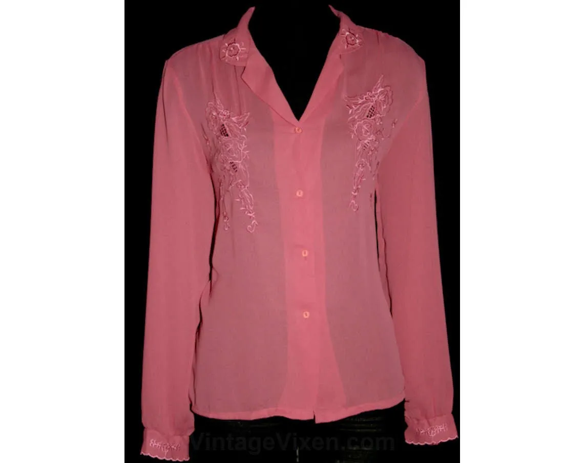 Size 10 70s Shirt - 1970s Rose Pink Career Blouse with Embroidery - Medium 70's Top - Office Clothes - Mint Condition - Bust 39.5 - 33217