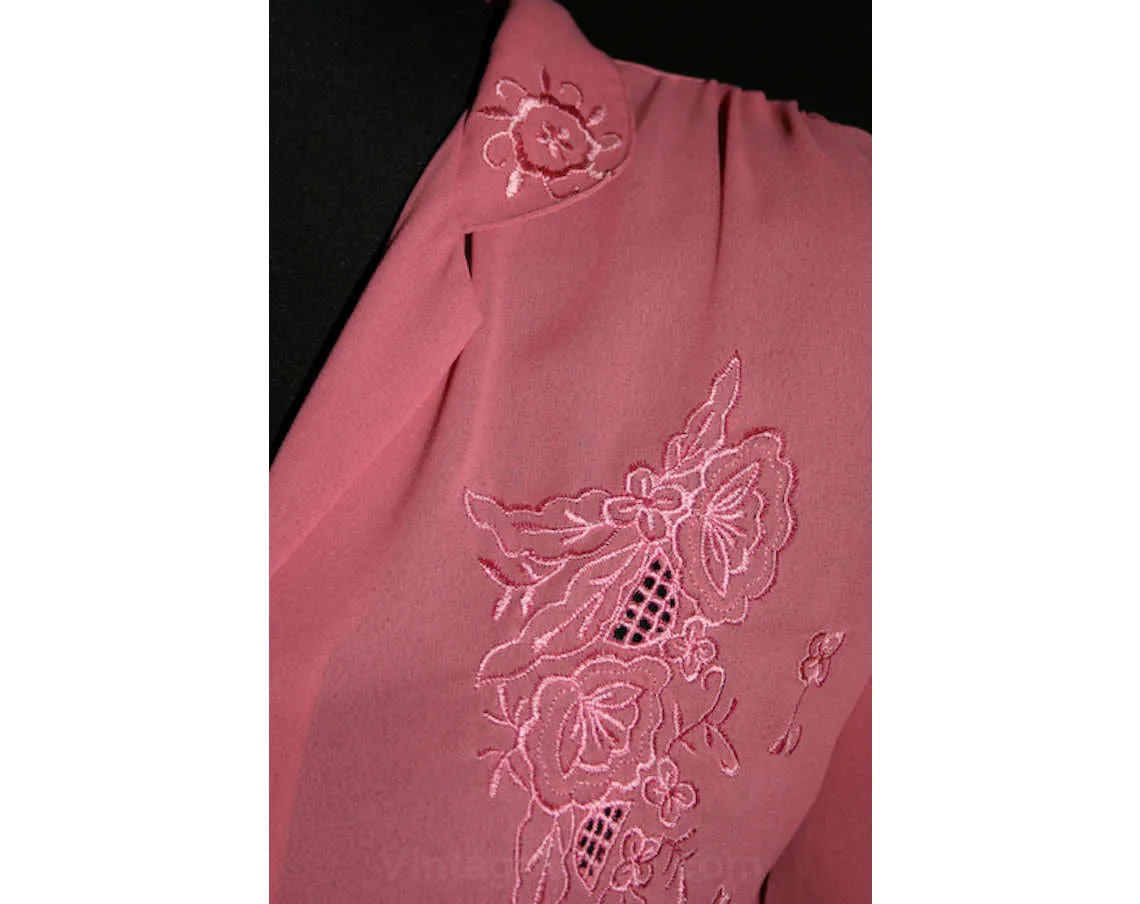 Size 10 70s Shirt - 1970s Rose Pink Career Blouse with Embroidery - Medium 70's Top - Office Clothes - Mint Condition - Bust 39.5 - 33217