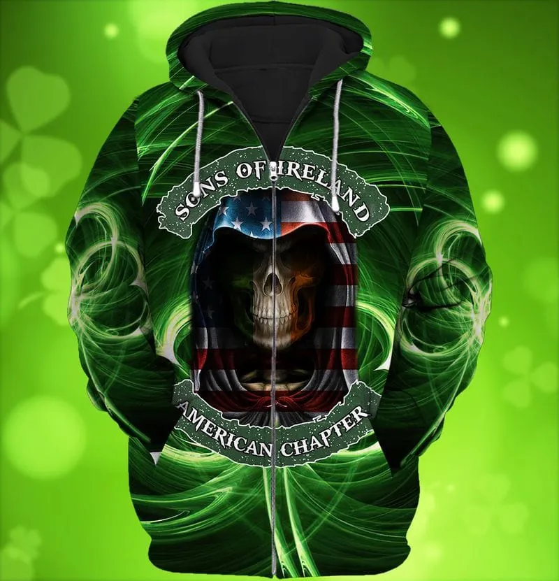 Son Of Ireland American Chapter Shirt, 3D All Over Print St Patrick Day Shirt, Skull American Patrick Day Shirt
