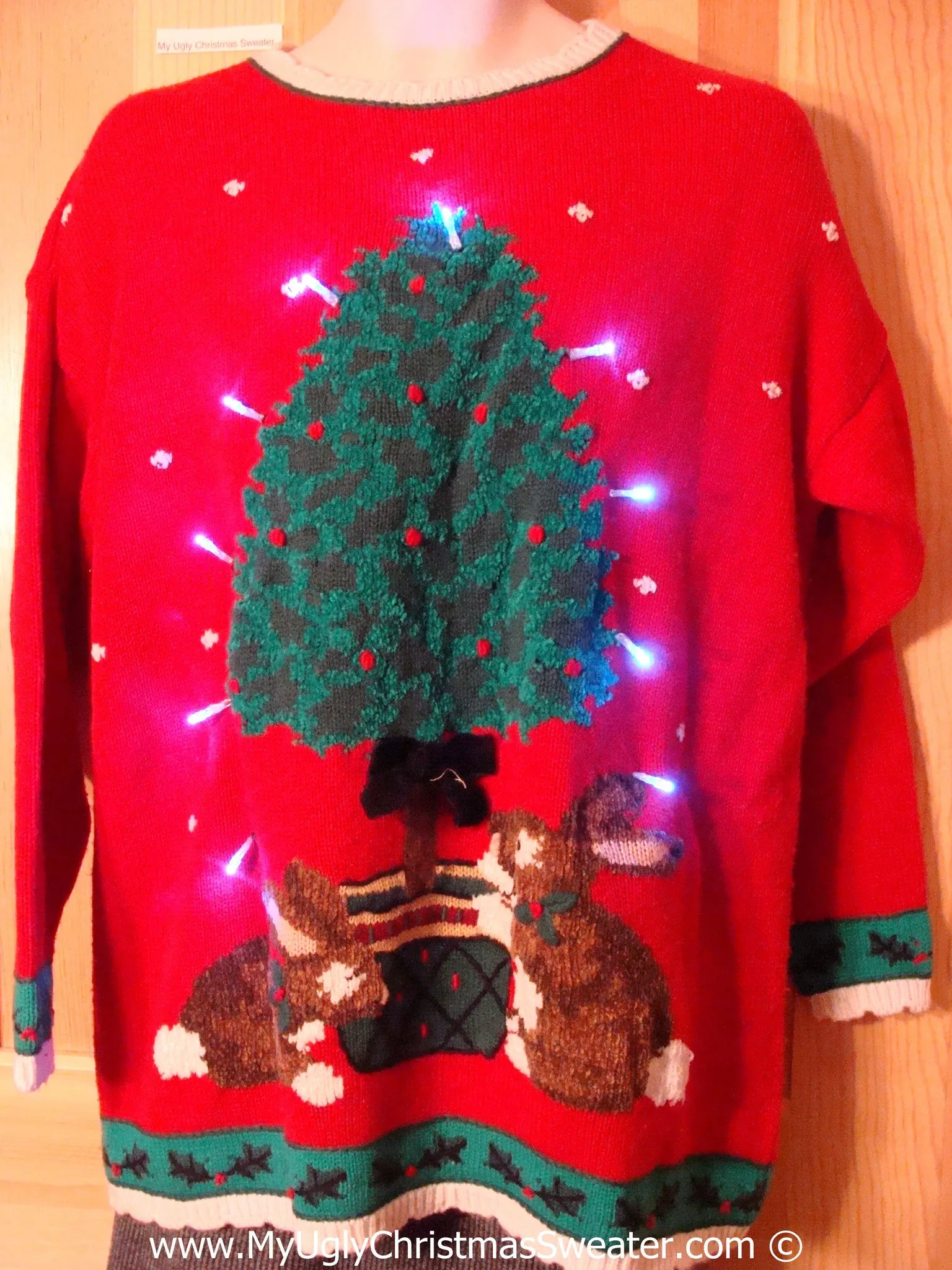 Tacky Red Xmas Sweater with Lights Tree Rabbits (g160)