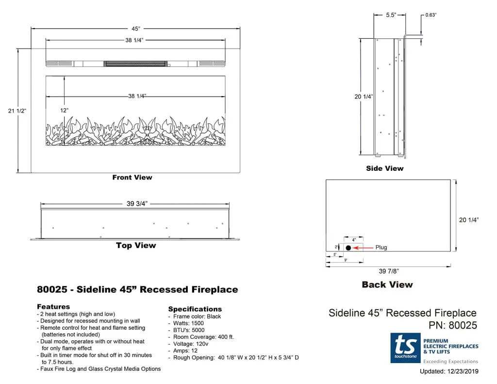 The Sideline 45 Inch Refurbished Recessed Electric Fireplace 80025