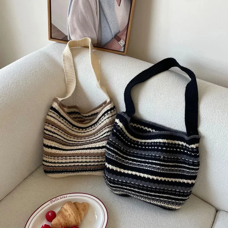 UAKISS  -  Women's Bucket Shaped Casual Tote Woolen Color Blocking Striped Knitted Shoulder Bag For Autumn Winter