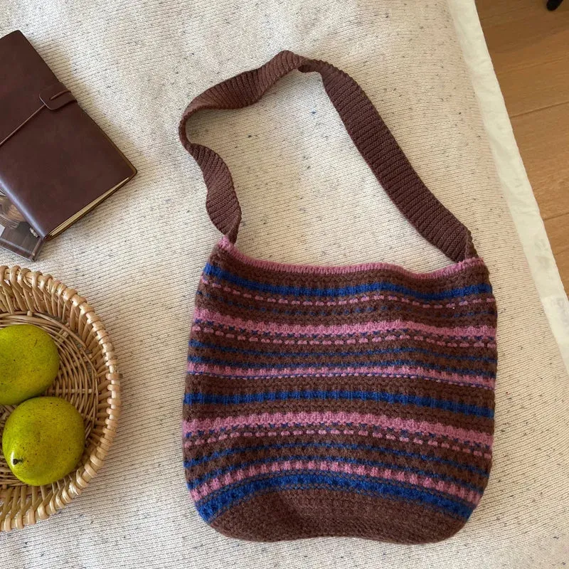 UAKISS  -  Women's Bucket Shaped Casual Tote Woolen Color Blocking Striped Knitted Shoulder Bag For Autumn Winter