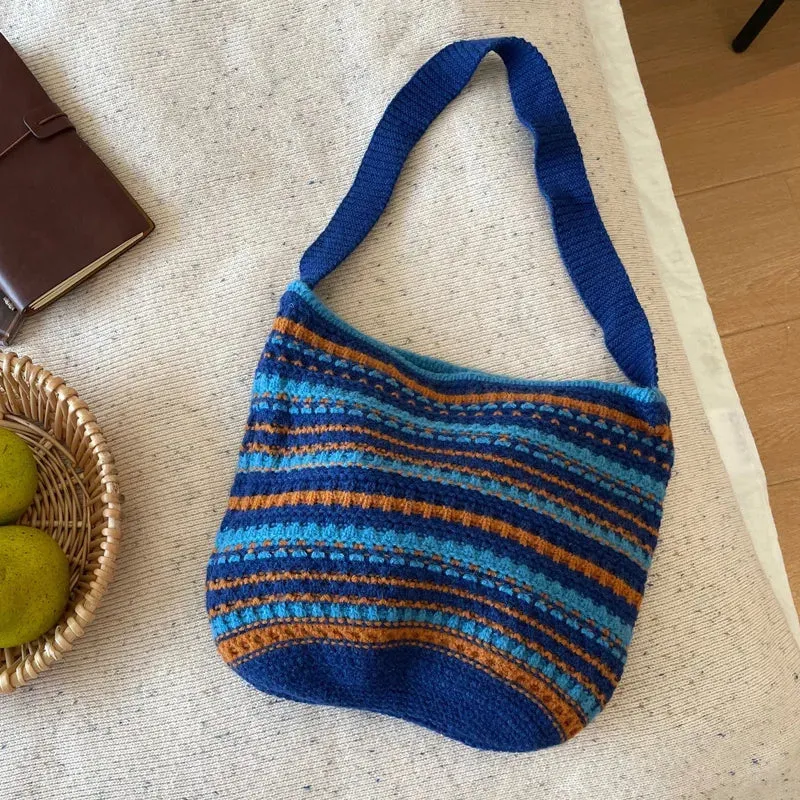 UAKISS  -  Women's Bucket Shaped Casual Tote Woolen Color Blocking Striped Knitted Shoulder Bag For Autumn Winter