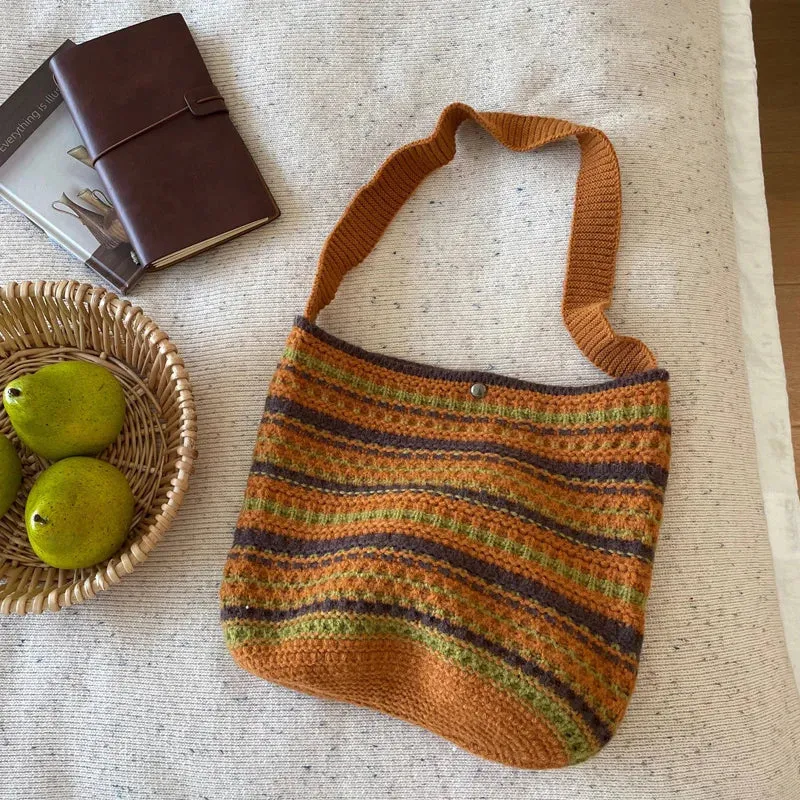 UAKISS  -  Women's Bucket Shaped Casual Tote Woolen Color Blocking Striped Knitted Shoulder Bag For Autumn Winter