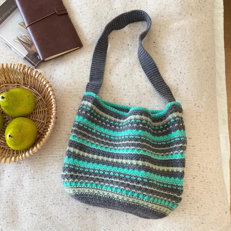UAKISS  -  Women's Bucket Shaped Casual Tote Woolen Color Blocking Striped Knitted Shoulder Bag For Autumn Winter