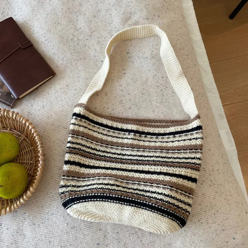 UAKISS  -  Women's Bucket Shaped Casual Tote Woolen Color Blocking Striped Knitted Shoulder Bag For Autumn Winter