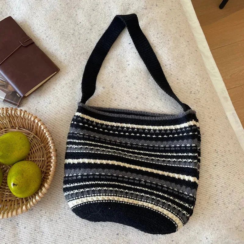 UAKISS  -  Women's Bucket Shaped Casual Tote Woolen Color Blocking Striped Knitted Shoulder Bag For Autumn Winter