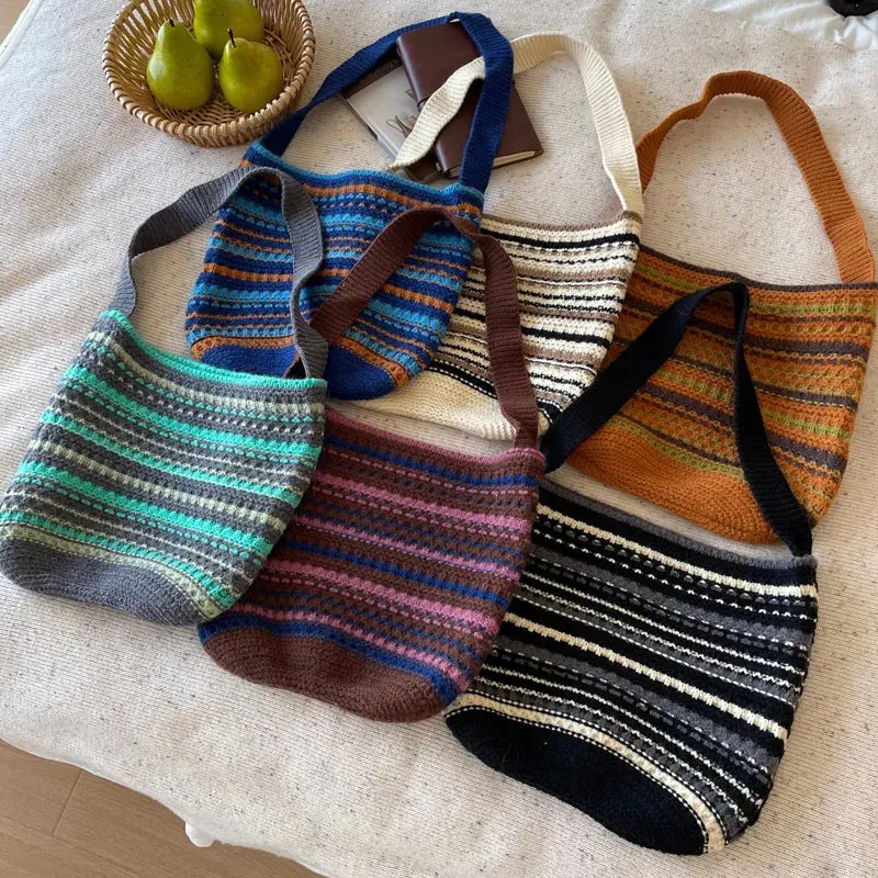 UAKISS  -  Women's Bucket Shaped Casual Tote Woolen Color Blocking Striped Knitted Shoulder Bag For Autumn Winter