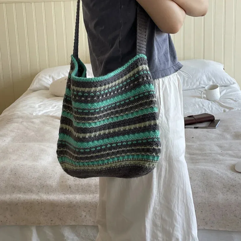 UAKISS  -  Women's Bucket Shaped Casual Tote Woolen Color Blocking Striped Knitted Shoulder Bag For Autumn Winter