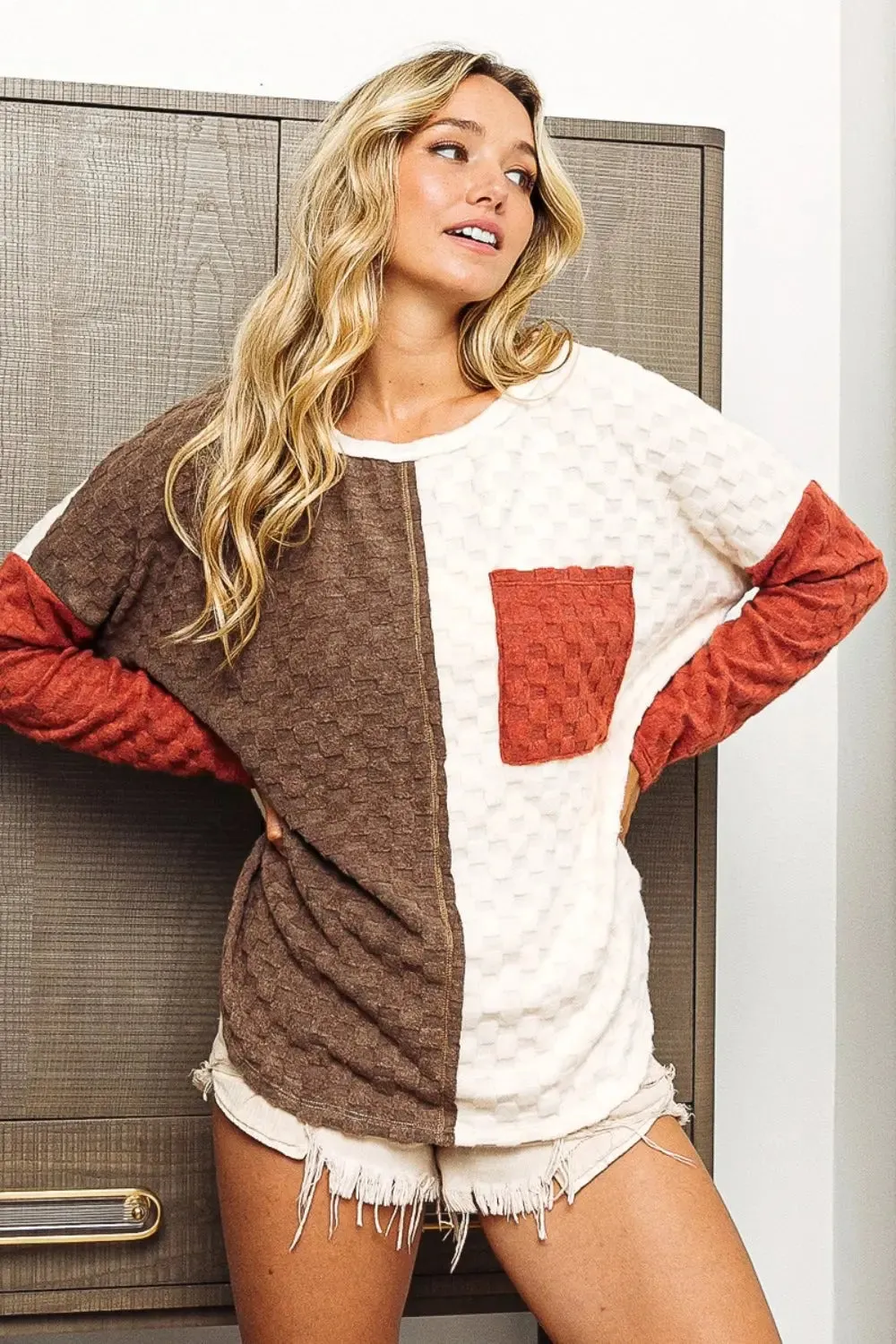 Women's long sleeve top, color block brushed checker top