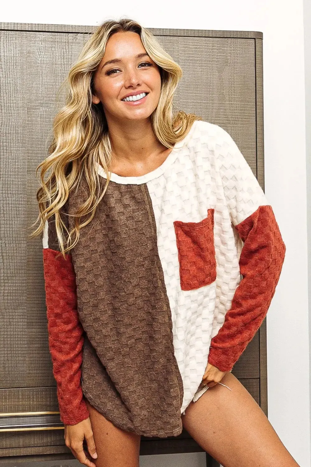 Women's long sleeve top, color block brushed checker top