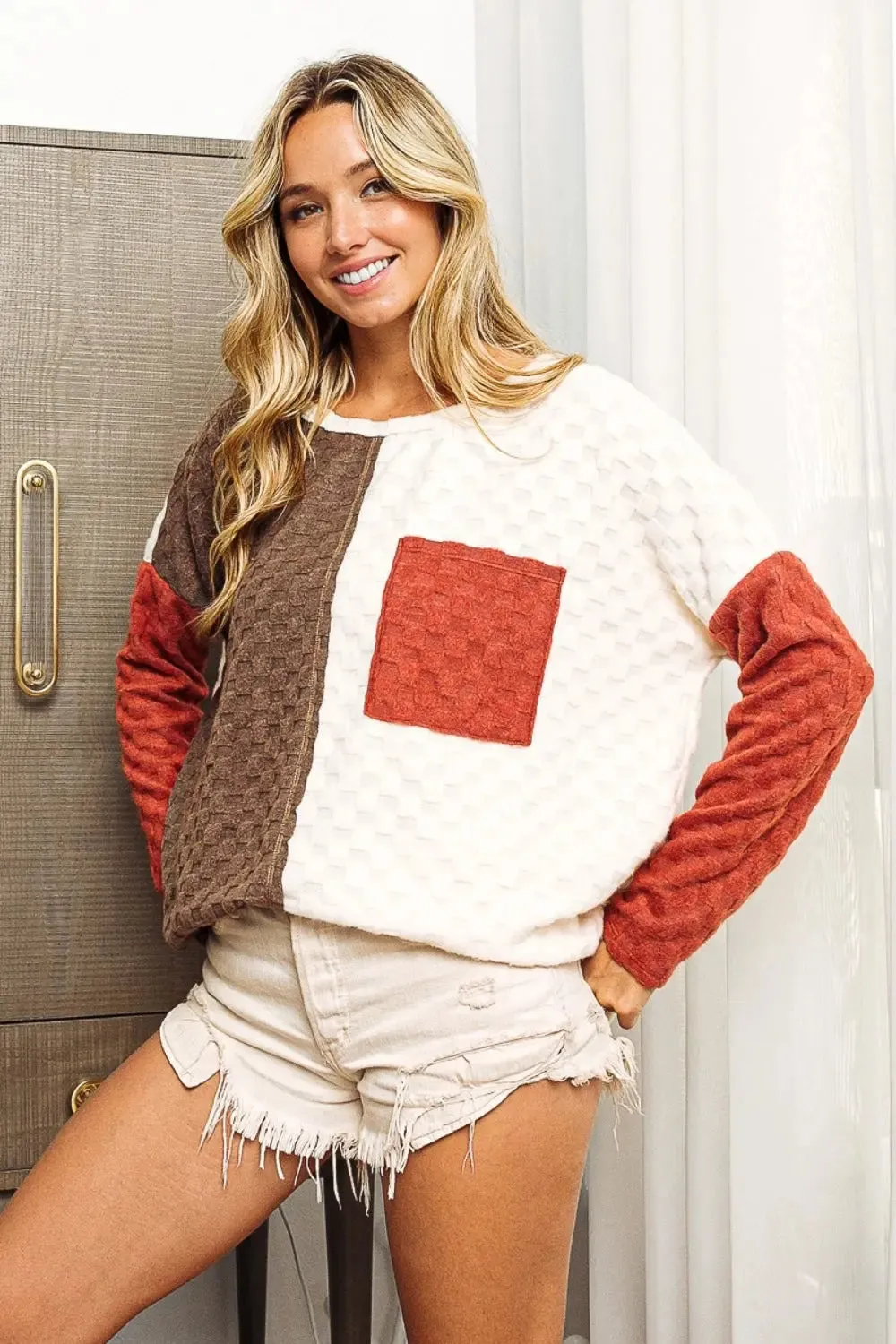 Women's long sleeve top, color block brushed checker top