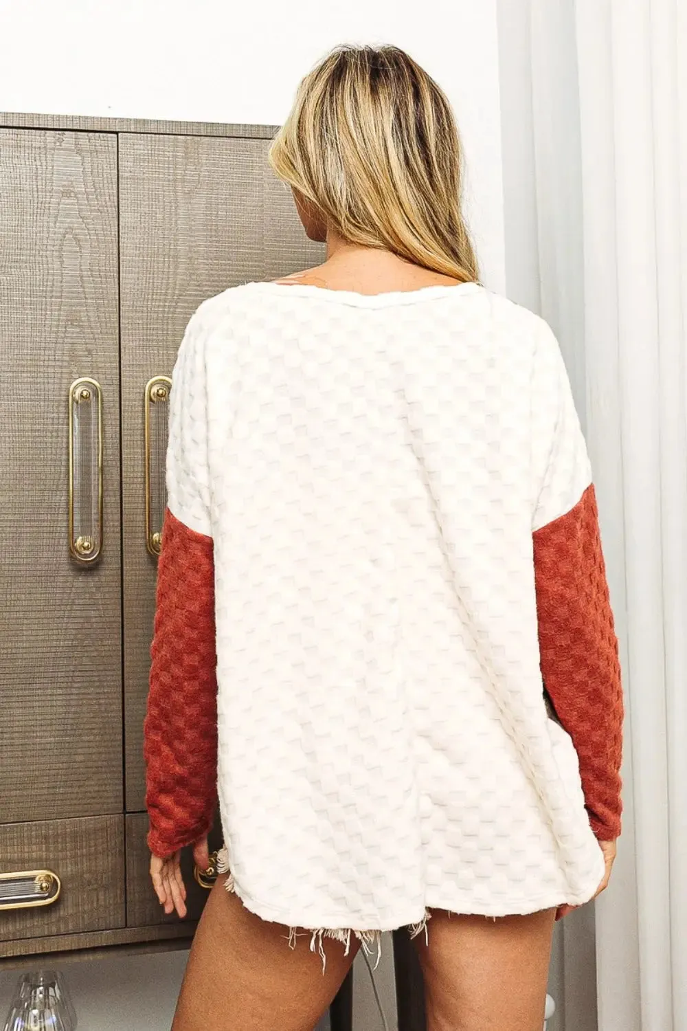 Women's long sleeve top, color block brushed checker top