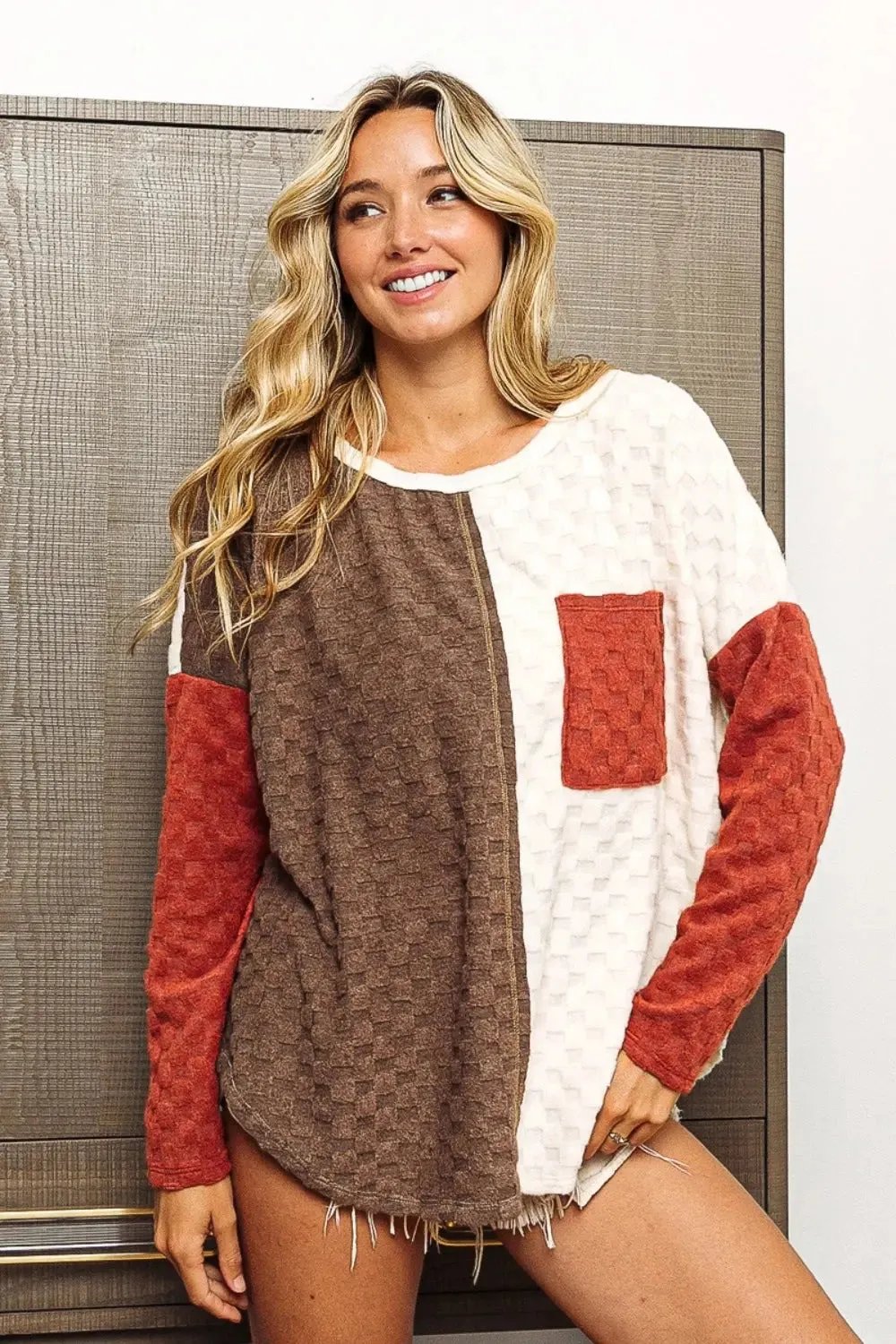 Women's long sleeve top, color block brushed checker top