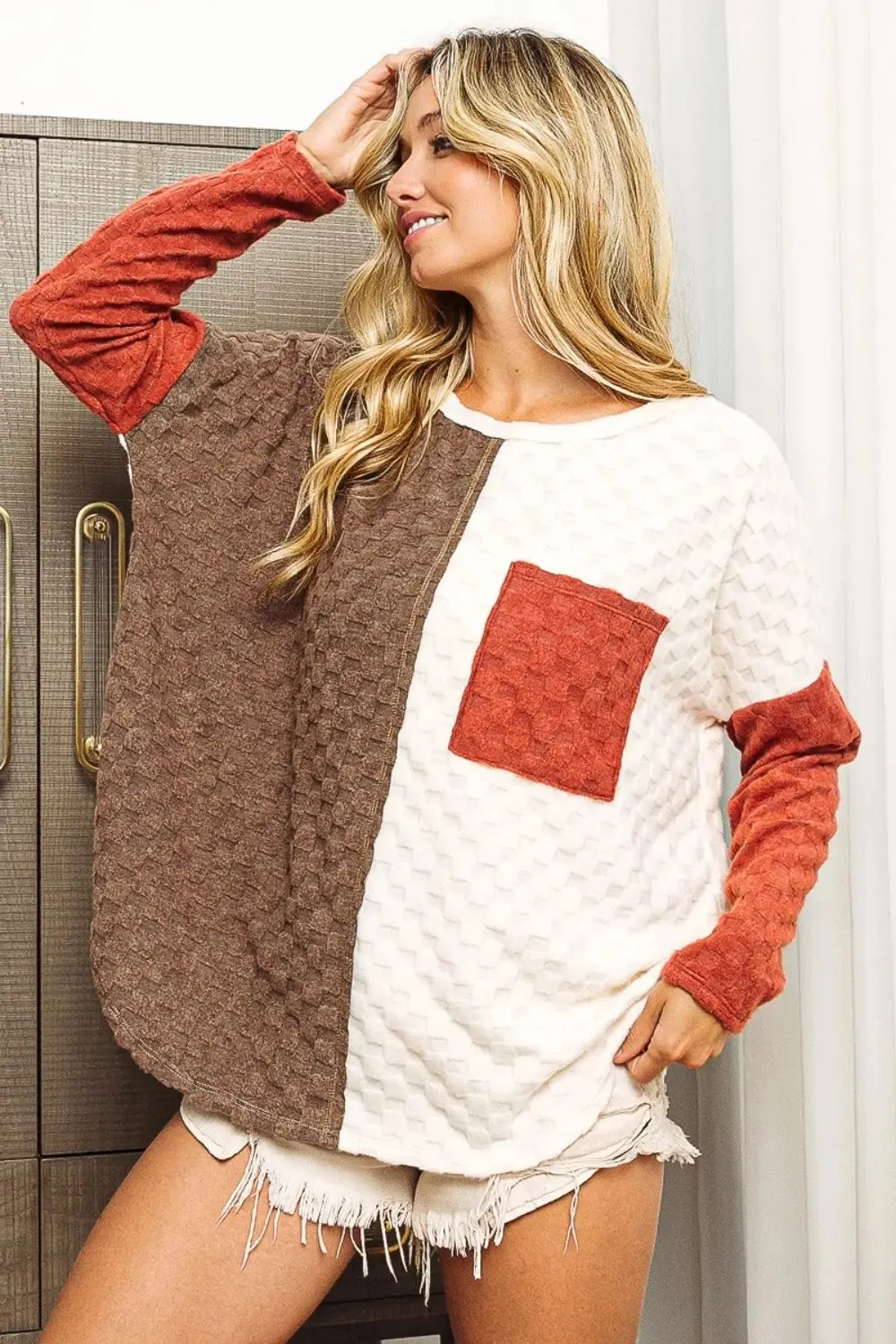 Women's long sleeve top, color block brushed checker top